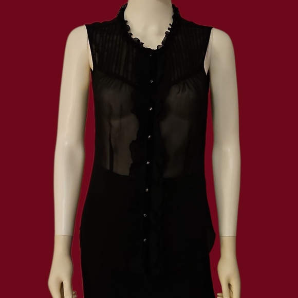 Vtg MOSSIMO Sheer Black Ruffle Sleeveless Goth Button Down Blouse - Picture 1 of 10